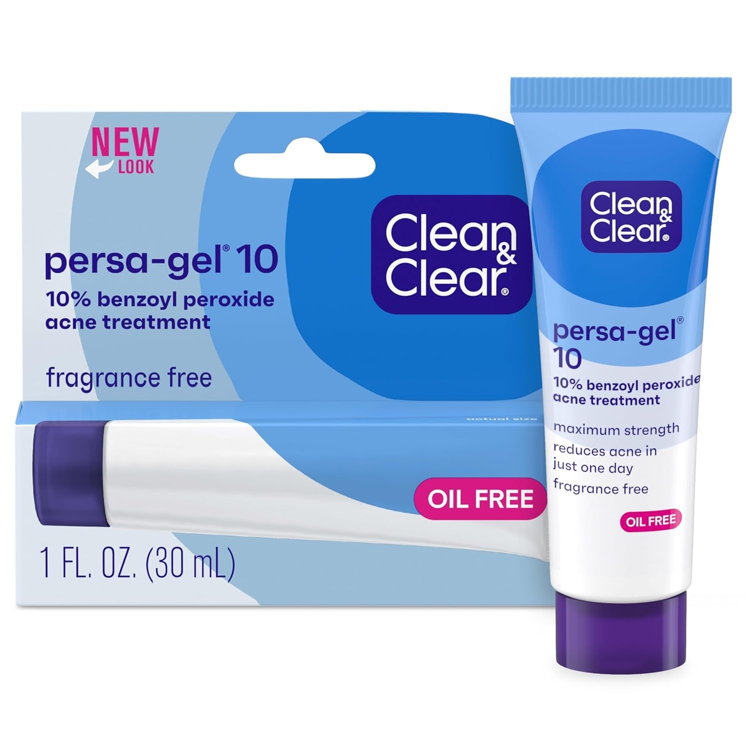 Clean & Clear Persa-Gel 10 Oil-Free Acne Spot Treatment with Maximum Strength 10% Benzoyl Peroxide, Topical Pimple Cream & Gel Medication for Face, Fragrance-Free, 1 Fl. Oz, 1 Pack